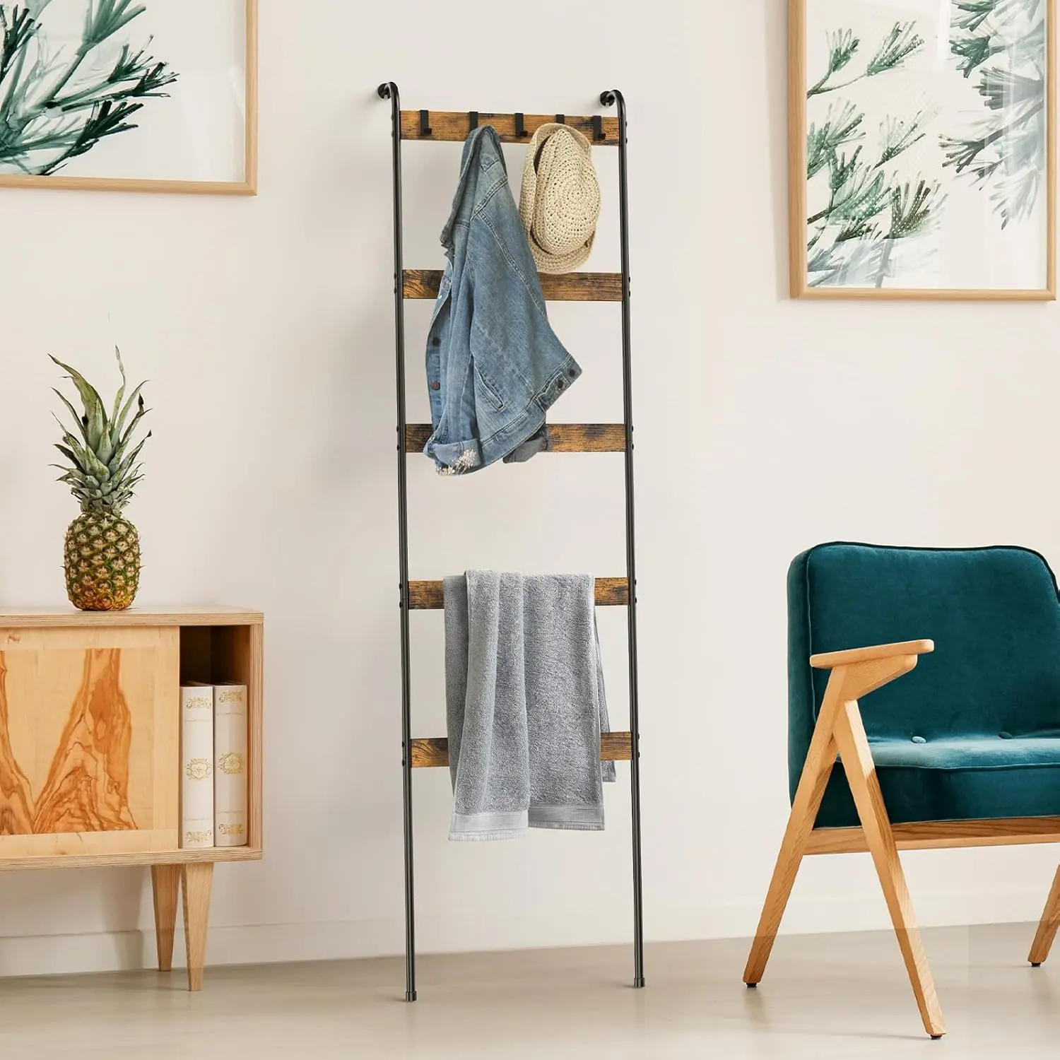 Summerwins Modern Farmhouse Iron & Wood Retro Look Blanket Ladder - 5-Tier Durable Rustic Brown Wooden Towel Rack with 10 Versatile Removable Hooks, Wall-Leaning Home Accessory for Bedroom/Bath Storage, Storage Solution tiktokshopbacktoschool