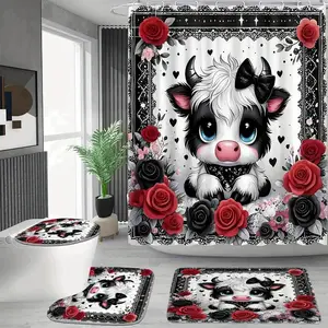 1/4 pcs red rose floral and Highland cow pattern shower curtain set, non-slip floor mat, U-shaped carpet, toilet lid cover, perfect for bathroom decoration, partition, free 12 shower curtain hooks, Bathroom Curtains, Bathroom Accessory
