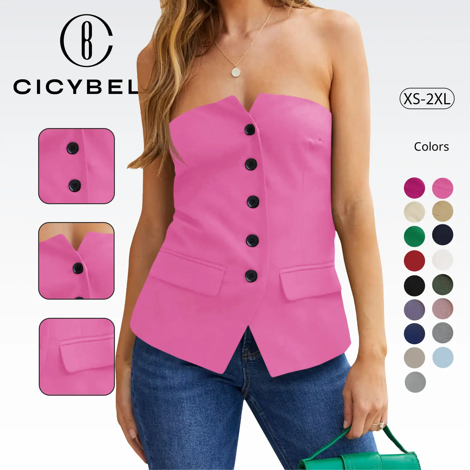 Cicy Bell Royal Blue Notched Neck Tube Tops Blazer Sleeveless Button Fitted Strapless Work Blazer Vest Womenswear Bandeau Basic Minimalist