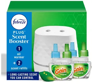 Febreze PLUG Scent Booster Starter Kit, Oil Diffuser, Air Freshener Plug In, Continuous Scent Device + 2 Gain Original Refills