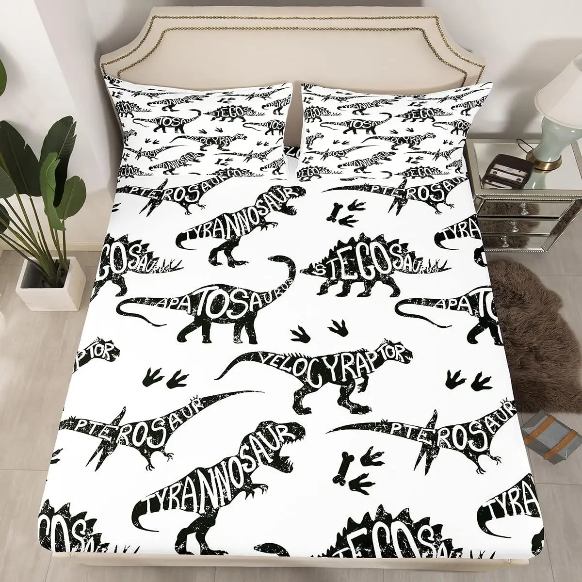 Feelyou Luxury Printed Microfibre Bedding Set - Black & White 3D Dino Animal Theme, All-Around Deep Pocket Stretchable Fitted Sheets, Machine Washable Low Tumble Dry Dries Quick, Twin/Queen Sizes for RV/Kids Rooms, Guest Room Kids Bedding Set