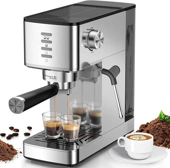 Kismile 20-Bar Pump Stainless Steel Modern Compact Espresso Machine - Rapid Cold Brew, Hot Coffee Maker, Built-in Steam Wand, Touch Screen, 37oz Water Tank - Ideal for Lattes, Cappuccinos, Coffee Lovers Gift