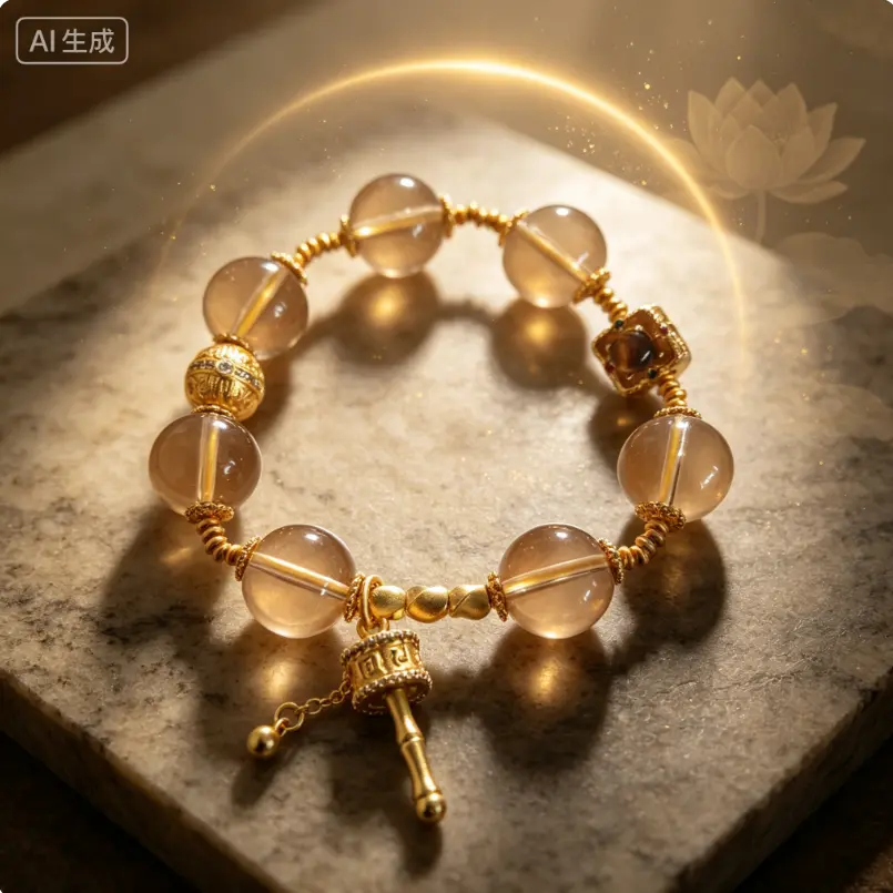 18K Gold Plated Natural Smoky Quartz Bracelet with Tibetan Prayer Wheel Pendant, Spiritual Healing Crystal Beaded Bracelet Lucky Energy Meditation Wrist Jewelry for Women