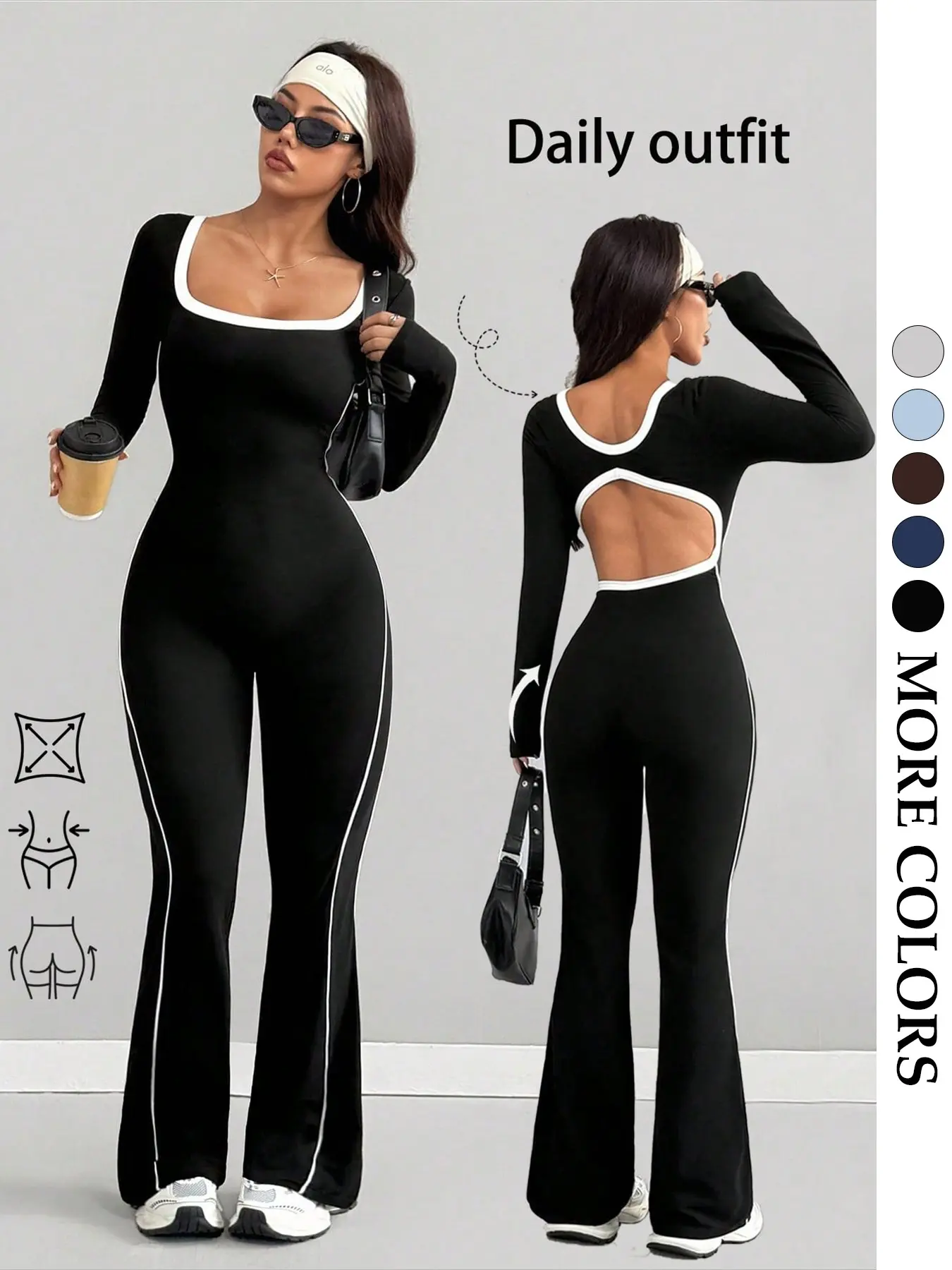 Women's Casual Sporty Athleisure Style Colorblock Jumpsuit, Flared Sports Jumpsuit, Long Sleeve, Square Neck Back Cutout Design, Body Highlighting, Side Slit Flare Pants, Sporty Comfy Jumpsuit