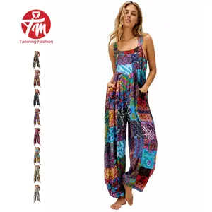 Tanming Women's Ethnic Strap Bib Overall, Baggy Loose Wide Leg Jumpsuit with 2 Button Closures, Patchwork Dual Pockets, Floral Print for Spring