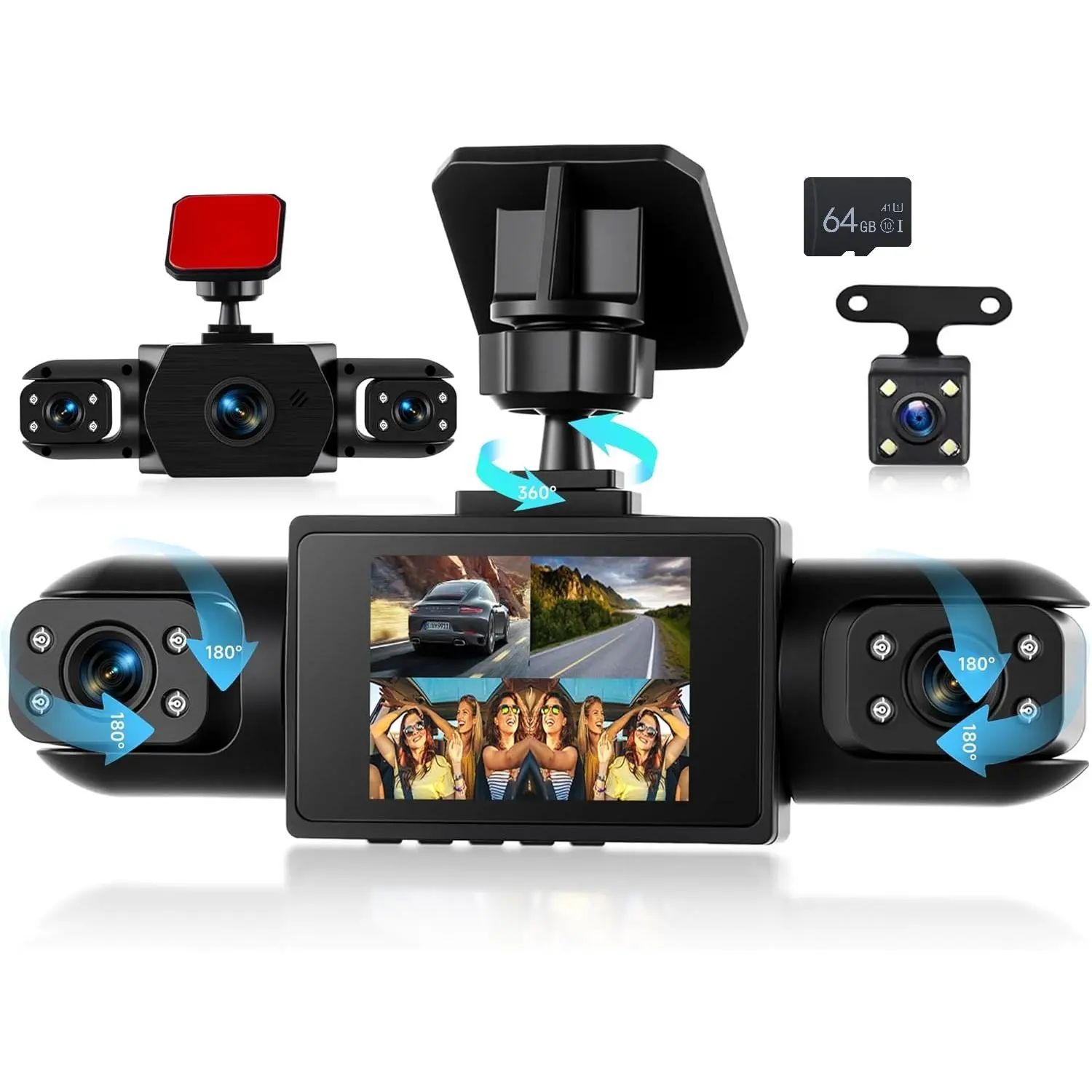 4 Channel 360° Dash Cam Front and Rear Inside Left Right, Dash Camera for Cars, Built-in Night Vision, Sensitive Motion Detection 24/7 Recording Parking Mode Monitor Reversing Help,(option) 64G TF Card