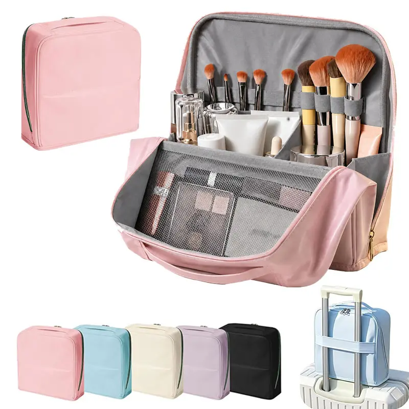 Women's Leather Large-Capacity Waterproof Makeup Bag - Portable Vertical Free-Standing Cosmetic Organizer with Large Opening, Brush Holder, Magnets, Multi-Zone, Foldable for Travel Toiletry & Makeup Products Storage, Pink, Portable Storage Bags