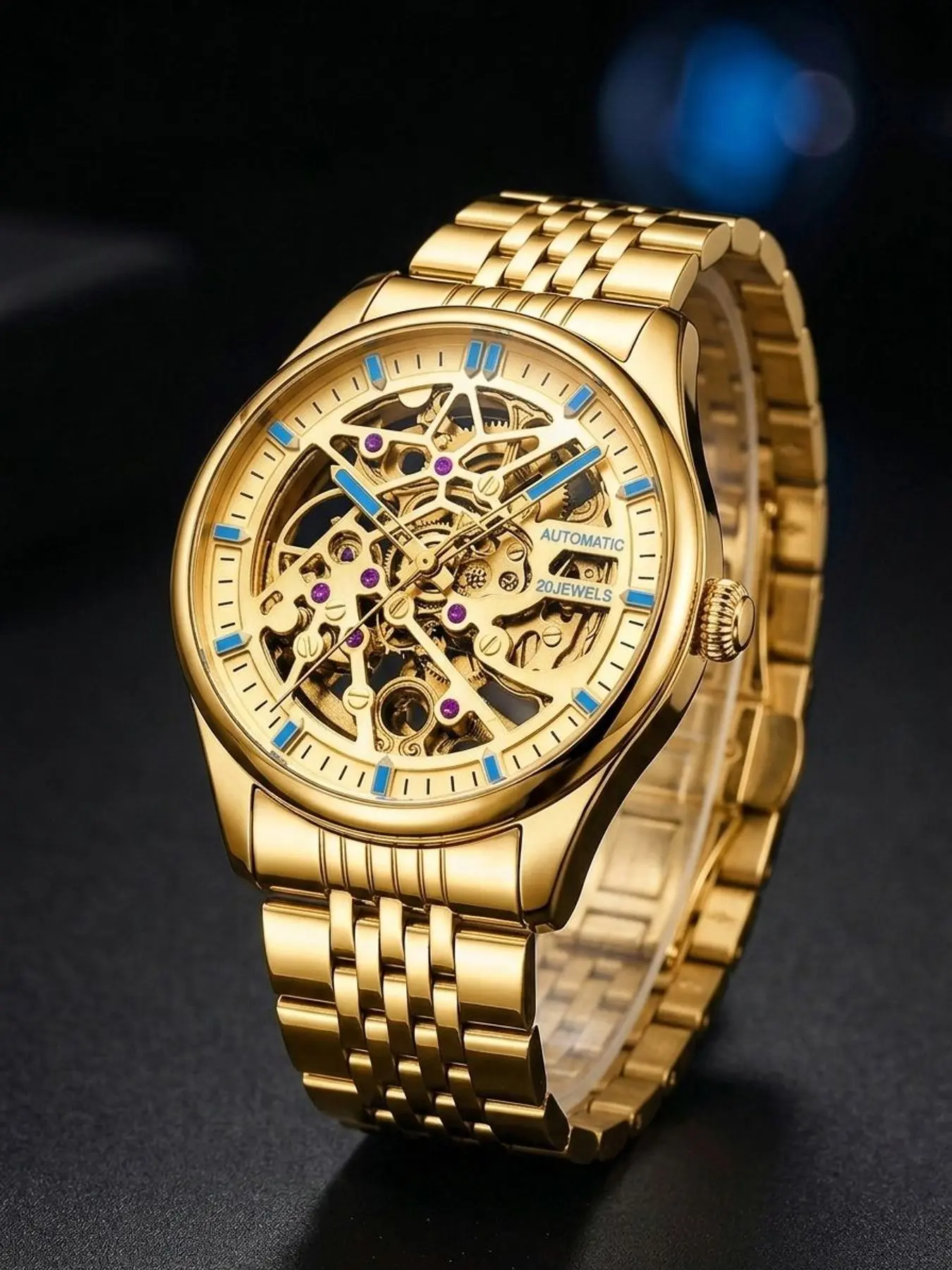 A men's watch with a hollowed-out golden strap featuring exquisite details, simple yet elegant design, versatile and trendy accessory, highlighting taste and enhancing personality. A fully automatic mechanical watch, Fashionable Wristwatch