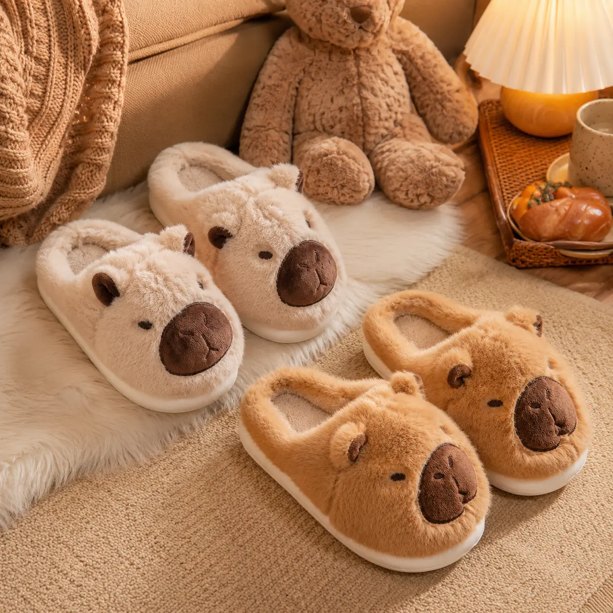 Cute Capibara Plush Slippers for Women, Soft Fuzzy Warm House Shoes with Thick Non-Slip Sole, Cozy Indoor Outdoor Slides