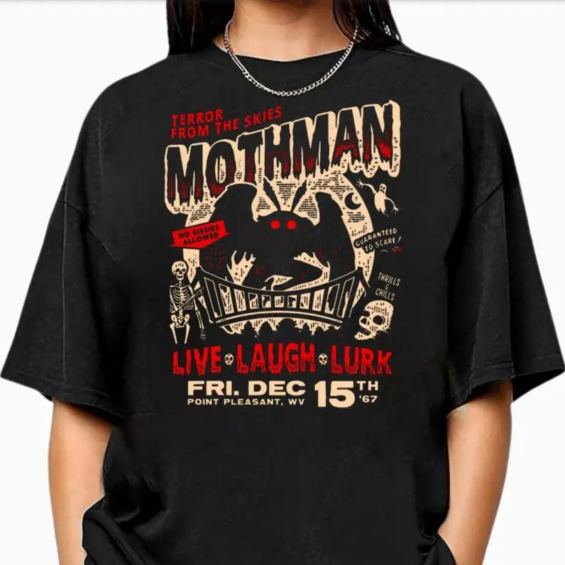 Women's Printed Spooky Mothman Vintage Unisex T-Shirt - Halloween Graphic Tee, Comfy Cotton-Polyester Fabric, Fitted Classic Fit Top for Retro Horror Fans