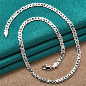 Men's 925 Silver Fashion Necklace 6mm Chain 20/22/24 Inch Flat Cuban Chain Gift Silver Color for Man