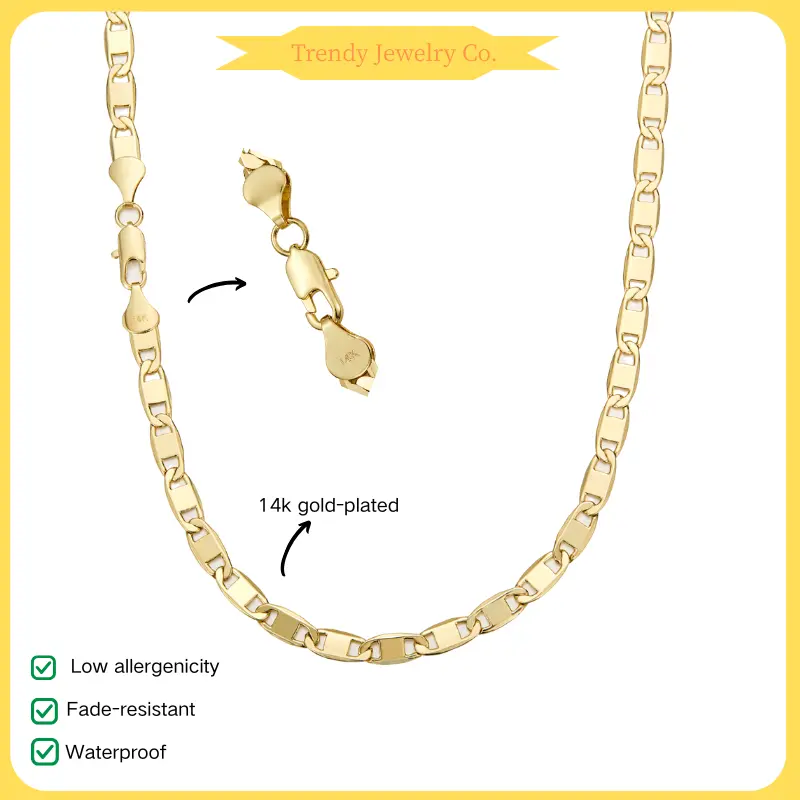 14K Gold Plated Mariner Chain Necklace, Waterproof & Non-Tarnish Anchor Link, Unisex Everyday Jewelry
