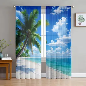 2D Flat 2Pcs Tropical Beach Ocean Palm Tree Print Curtains, Sky Blue Sea Wave Drapes for Living Room Bedroom, Rod Pocket Semi-Sheer, Home Decor Aesthetic Window Treatments Net Curtain Window, pole hung semi blackout, transparent,