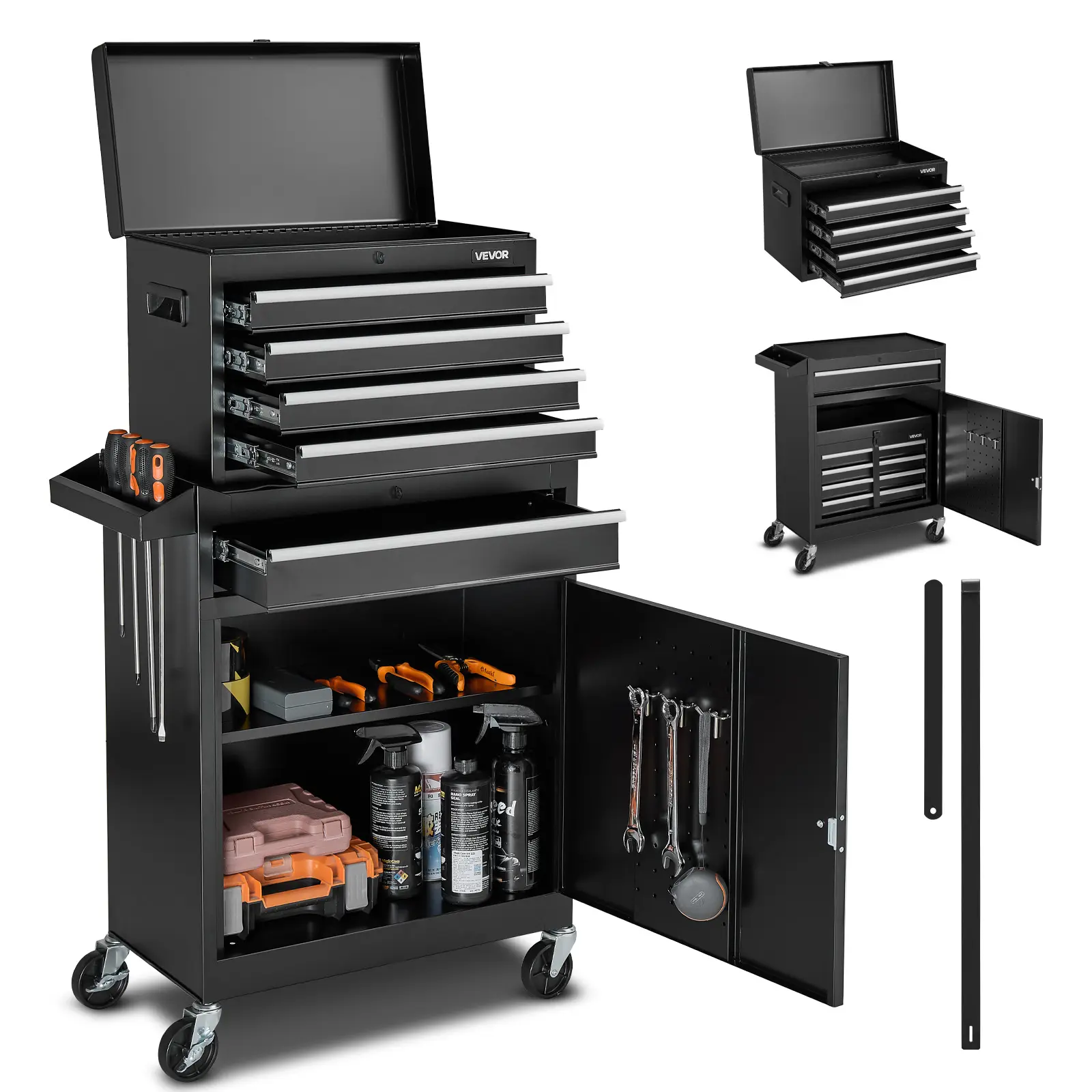 【Summerfinds】VEVOR Rolling Tool Chest,2-in-1 Design5 Drawers Tool Cabinet Organizer with Detachable Top Metal ToolboxLock BarProtective Linerand Tools RackGarage Storage Cabinet for WarehouseWorkshop, Lockable Tool Storage, Heavy Duty