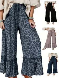 Four-Season Leopard Print Drawstring Waist Wide-Leg Pants, Layered Ruffle Bell Bottoms, Loose Fit Casual Long Pants Flowy S-Xxl