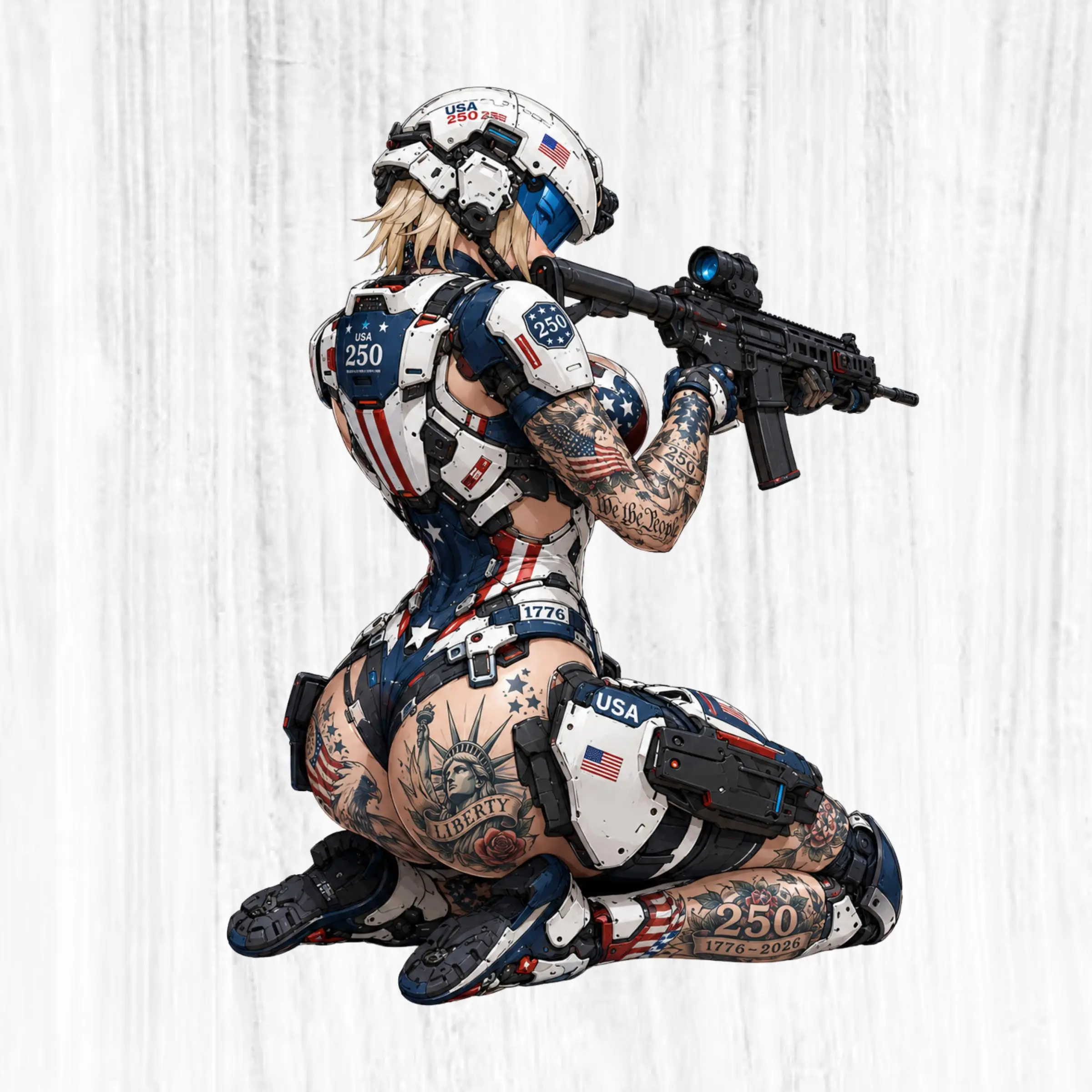 USA 250 Sci Fi Tactical Soldier Sticker, Patriotic Cyborg Girl Kneeling With Rifle Decal