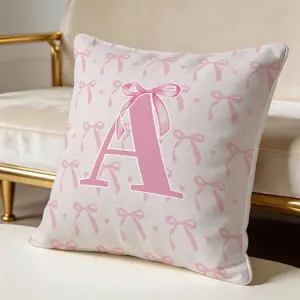 Personalized Letter Throw Pillow with Insert, Sweet Pink Bow Print Coquette Style Cushion, Soft Comfortable Accent Pillow for Recliner, Couch, Bedroom, Girls Room & Home Decor, Perfect Gift