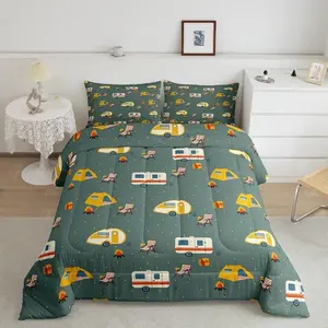 Camper Luxury Bedding Set,Happy Camping Designer Comforter Set,Cartoon Camping Car Decor Comforter,RV Camping Microfiber Full Size Duvet Set