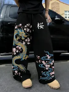 Men's American High Street Loose Wide Leg Pants, Dragon Print Floral Drawstring Waist Casual Sportswear, All Season Fashion Long Trousers