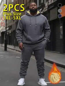 Men's Fall Winter Two-Piece Set, Hooded Plush Thick Jacket & Casual Pants, Plus Size, Fitted, Multiple Colors, Ideal for Outdoor Activities
