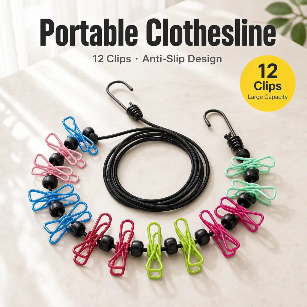 Retractable Portable Clothesline for Travel, Clothing line with 12 Clothes Clips, for Indoor Laundry Drying line, Outdoor Camping Accessories