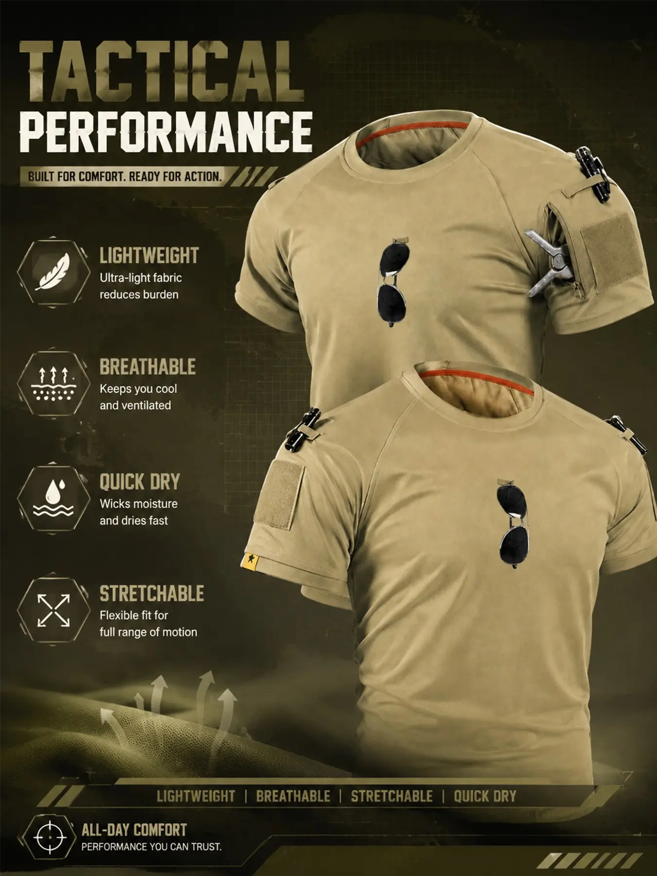 Men's Tactical T-Shirt, Round Neck Short Sleeve, Breathable Sports Tee, Quick-Dry Breathable, Outdoor Training Top, Athletic Training Tops, Multi-Function Zip Pockets, No Accessories Included, Dry Fit Active, Athletic Workout Tees, Activewear Clothes