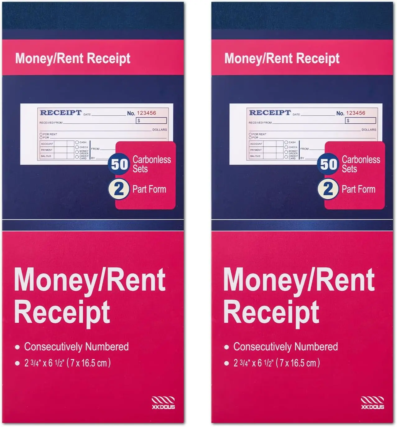 2 Pack Money and Rent Receipt Book, 2-Part Carbonless, 2-3/4" x 6-1/2" Receipt Book for Small Business, 50 Sets per Book