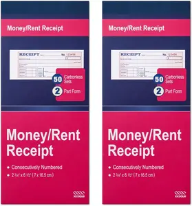 2 Pack Money and Rent Receipt Book, 2-Part Carbonless, 2-3/4" x 6-1/2" Receipt Book for Small Business, 50 Sets per Book