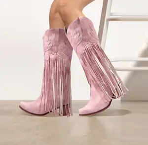 Women's Tassel Cowgirl Boots  Square Toe Mid Calf Embroidered Western Boots Fringe Cowboy Boots Stacked Heel Retro  Party Boots Footwear Shoe