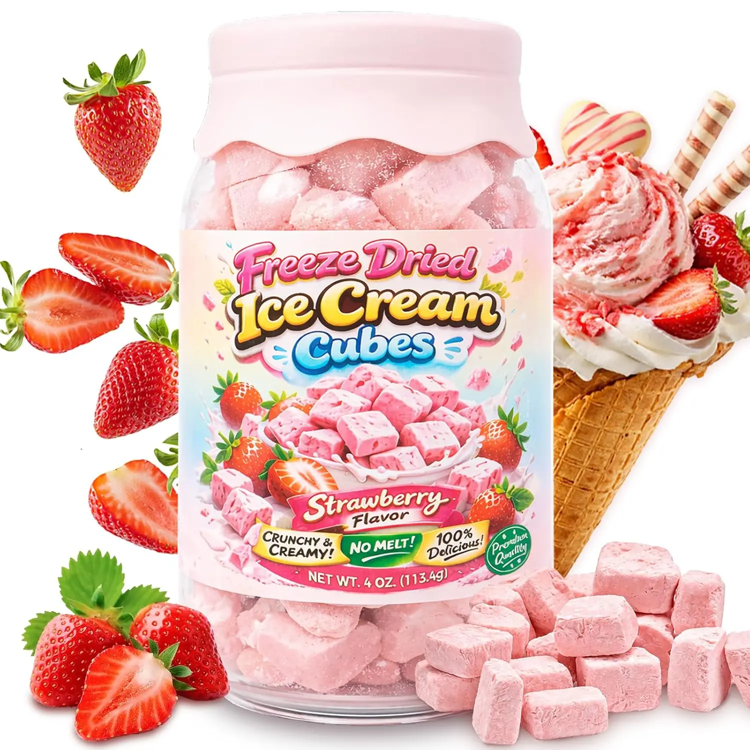 4oz Freeze Dried Strawberry Ice Cream Cubes, Sweet Crunchy No-Melt Candy Snack, Real Ice Cream Flavor, Lightweight Dessert for Camping & Gifting, Sweetened Treat