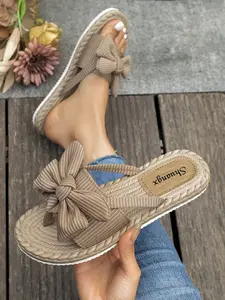 Women's Bowknot Decor Flat Sandals, Round Toe Slip-On Summer Shoes, Lightweight Beach Flip Flops, Non-Slip Ladies Slippers Footwear Girl