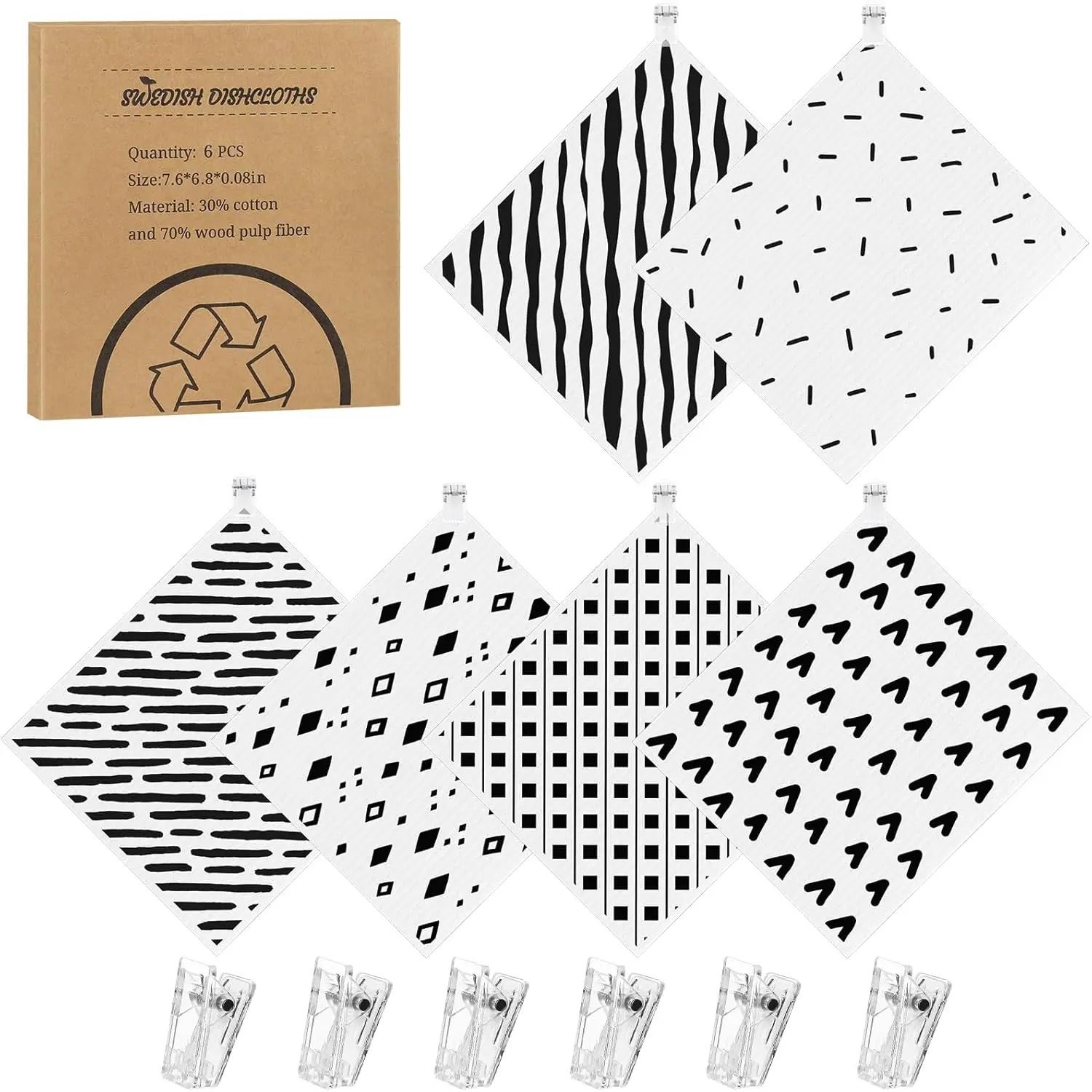 6 Pack Swedish Dishcloths for Kitchen,Swedish Rags Dish Towels with Clips,  Paper Towels Washable Absorbent Cellulose Sponge Cloths No Odor for Cleaning Home Kitchen(Black White)