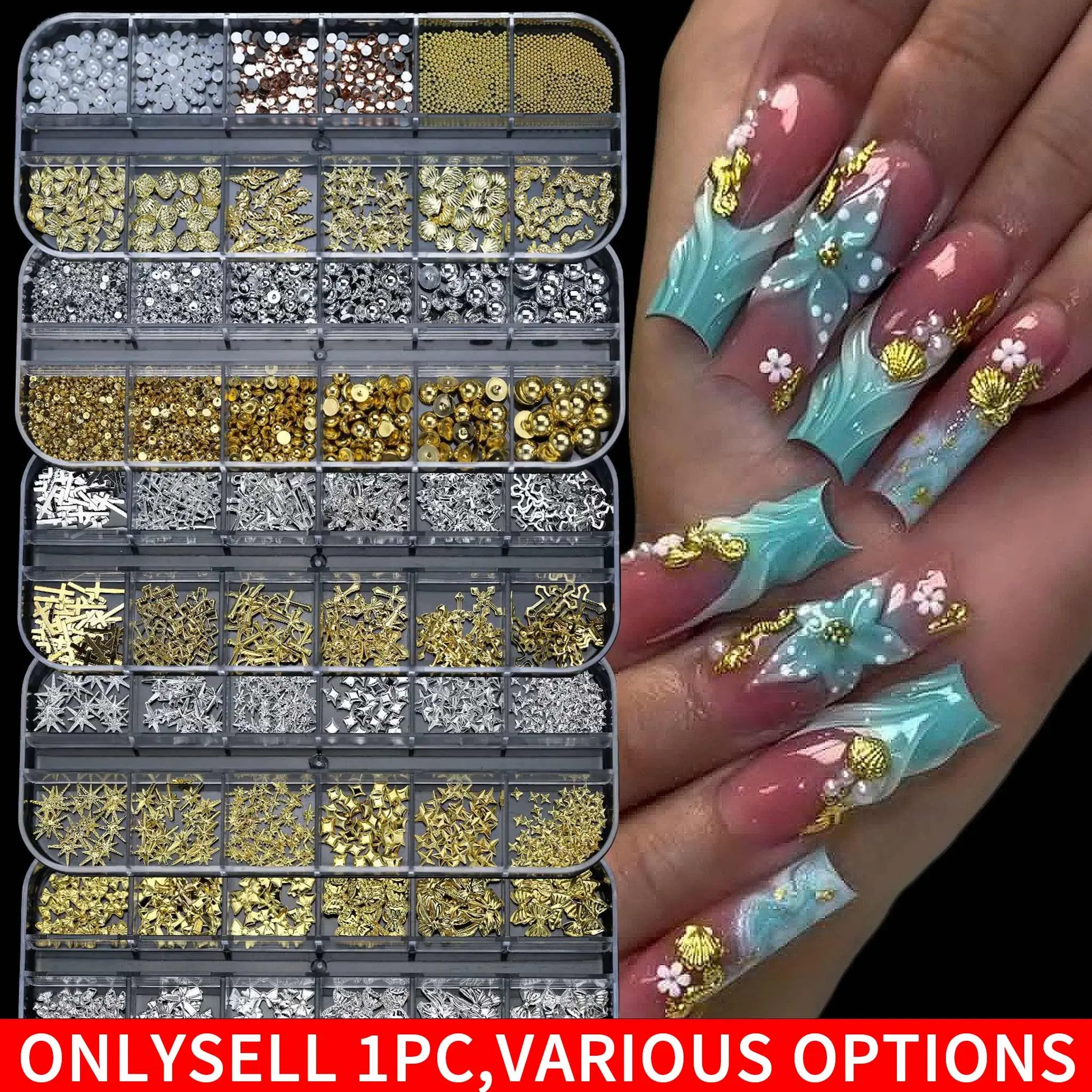 12 Grid Boxed Bow & Strip Nail Studs, Gold & Silver Metal Half‑Pearl, Round Beads Butterfly Caviar Beads, Flat Back Metal Nail Art Decorations, Nail Charms for DIY Manicure, Nail Gems, Nail Decoration Supplies