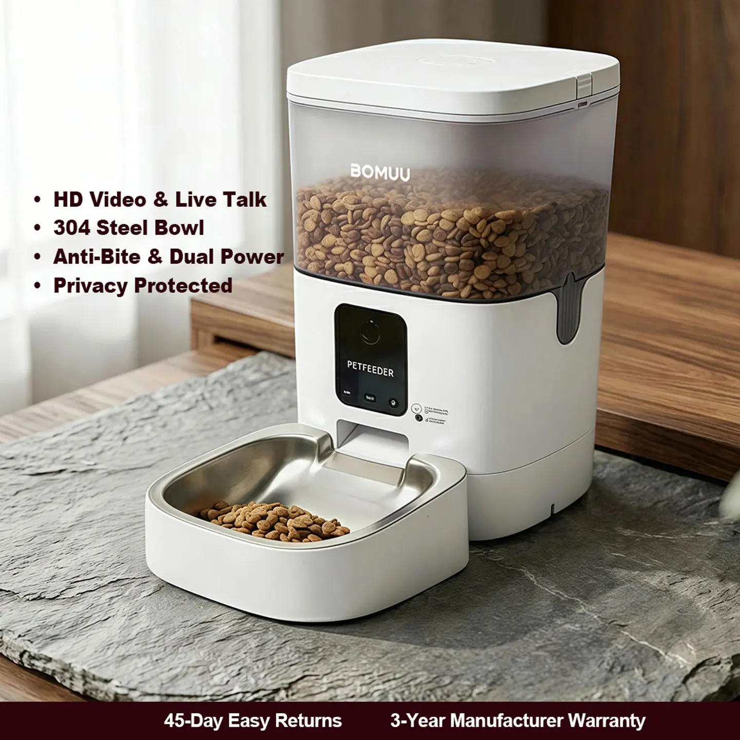 BOMUU 4L ABS Smart Feeding Automatic Feeder for Cats & Dogs, 1080P HD Visible Video, 2.4G WiFi APP Remote Feeding, 8 Daily Timed-Portioned Meals, Voice Intercom, 10s Recording, Dry Food Dispenser with Desiccant Bag, Detachable Design, Food Storage