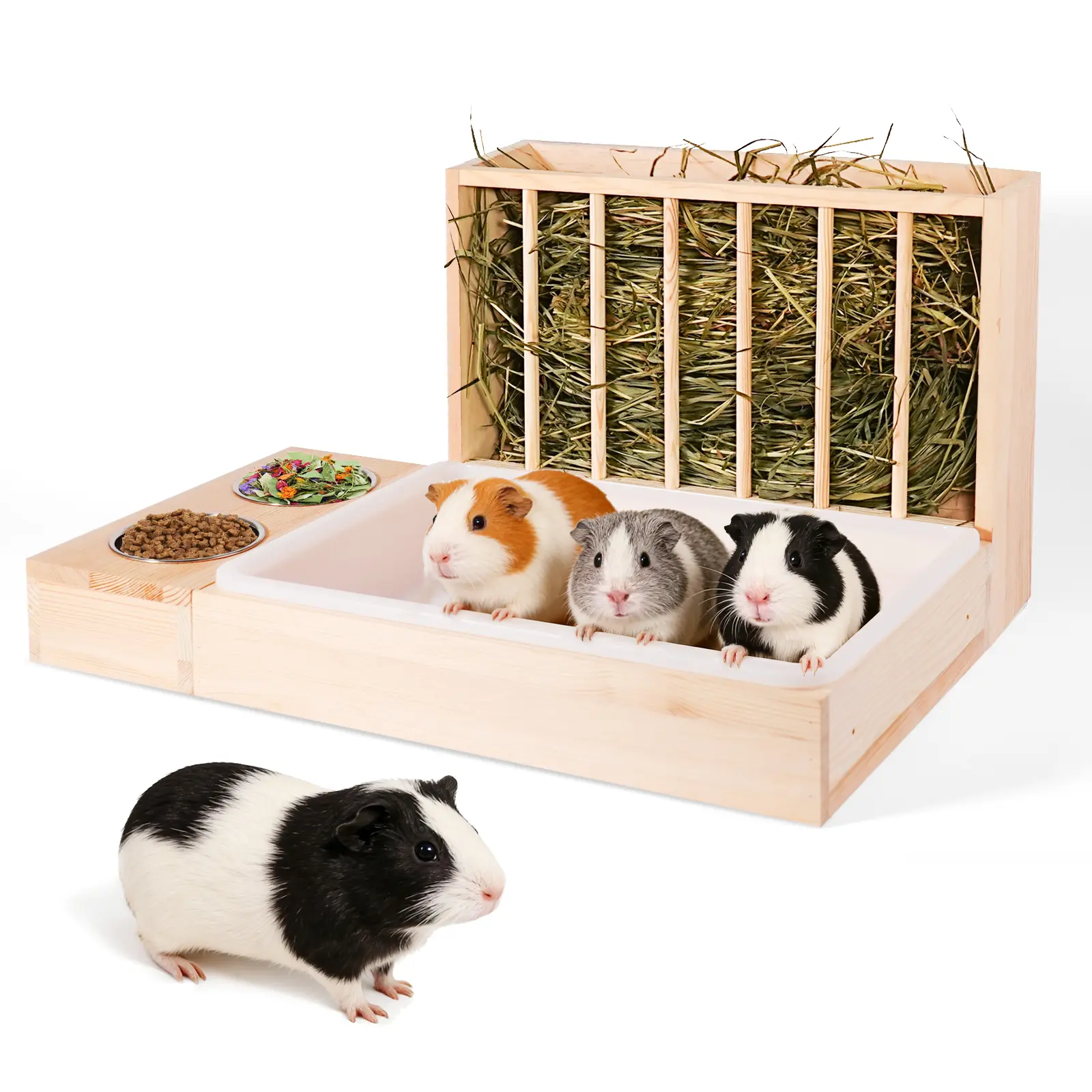 3-in-1 Solid Wood Space-Saving Mess-Proof Guinea Pig Hay Feeder with Litter Box, Small Animal Feeding Supply for Guinea Pigs