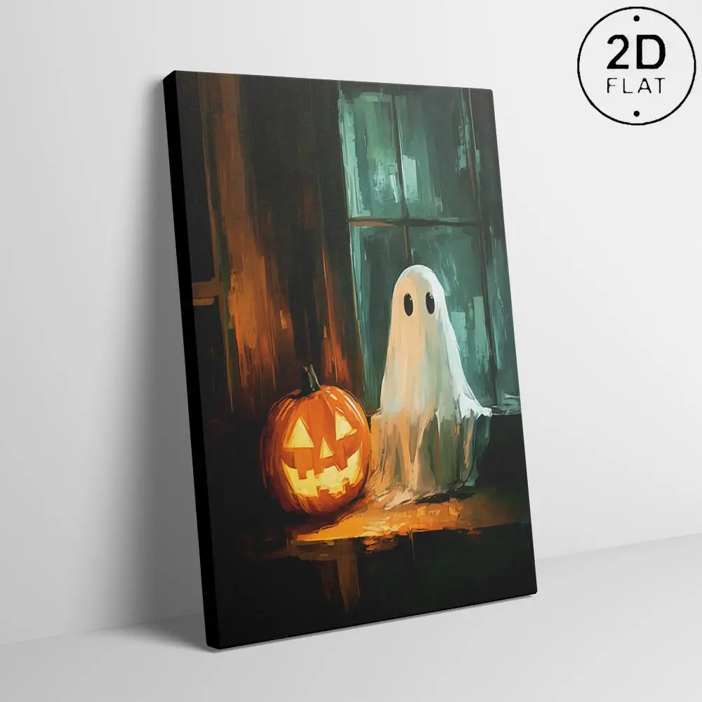 Wooden Framed Canvas, InterestingWhite Ghost Pumpkin Head, Halloween HomePoster, Halloween Party Decorations, LivingRoom And Bedroom Hanging Paintings, HorrorTheme, Interesting Posters, Exquisite Gifts,High-Definition Art