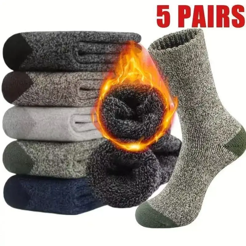 5 Pairs of Men's Socks Crew Classic Solid Mid-calf Work Socks 5 Pack 5 Set Warm Casual Soft Dual Defense Socks for Fall Autumn Winter Comfy Man's Socks for Sports Athletic Daily Wear Running Traveling Snow Hiking Elastic Design