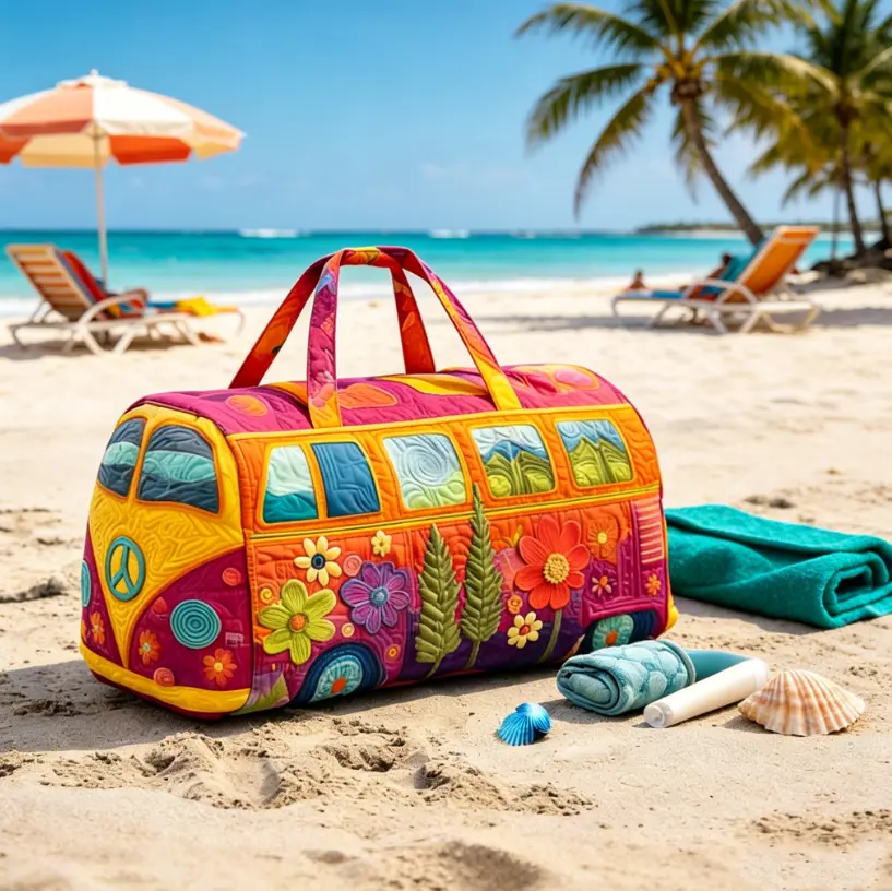 18" Unisex VW Bus Quilted Duffle Bag, Boho Hippie Design Weekender Travel Bag, Lightweight Durable Overnight Bag for Beach Festival Camping Road Trip