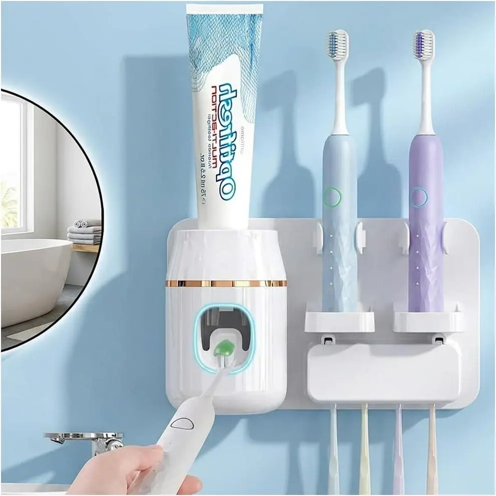 Toothpaste Dispenser Wall Mounted, Automatic Toothpaste Dispenser for Kids, Toothbrush Dispenser for Bathroom with 4 Toothbrush Slots