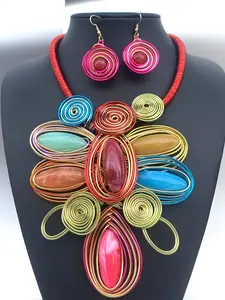 Bohemian Fashion Statement, Handcrafted Woven Aluminum Wire, Wide Pendant Necklace Earrings Set, Trendy Jewelry Set, Unique Jewelry Gift
