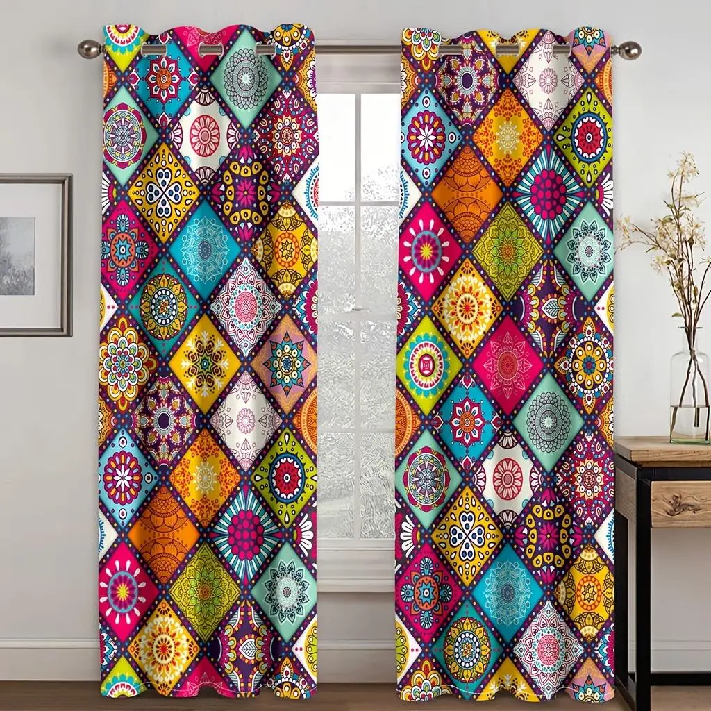 Bohemian Color Printed Thin Semi Transparent Privacy Grommet Curtains, Window Drapes, Sheer Printed Curtains, 2 Counts Curtains Used for Bedroom and Living Room, Study, Kitchen, Semi Shading Home Decoration