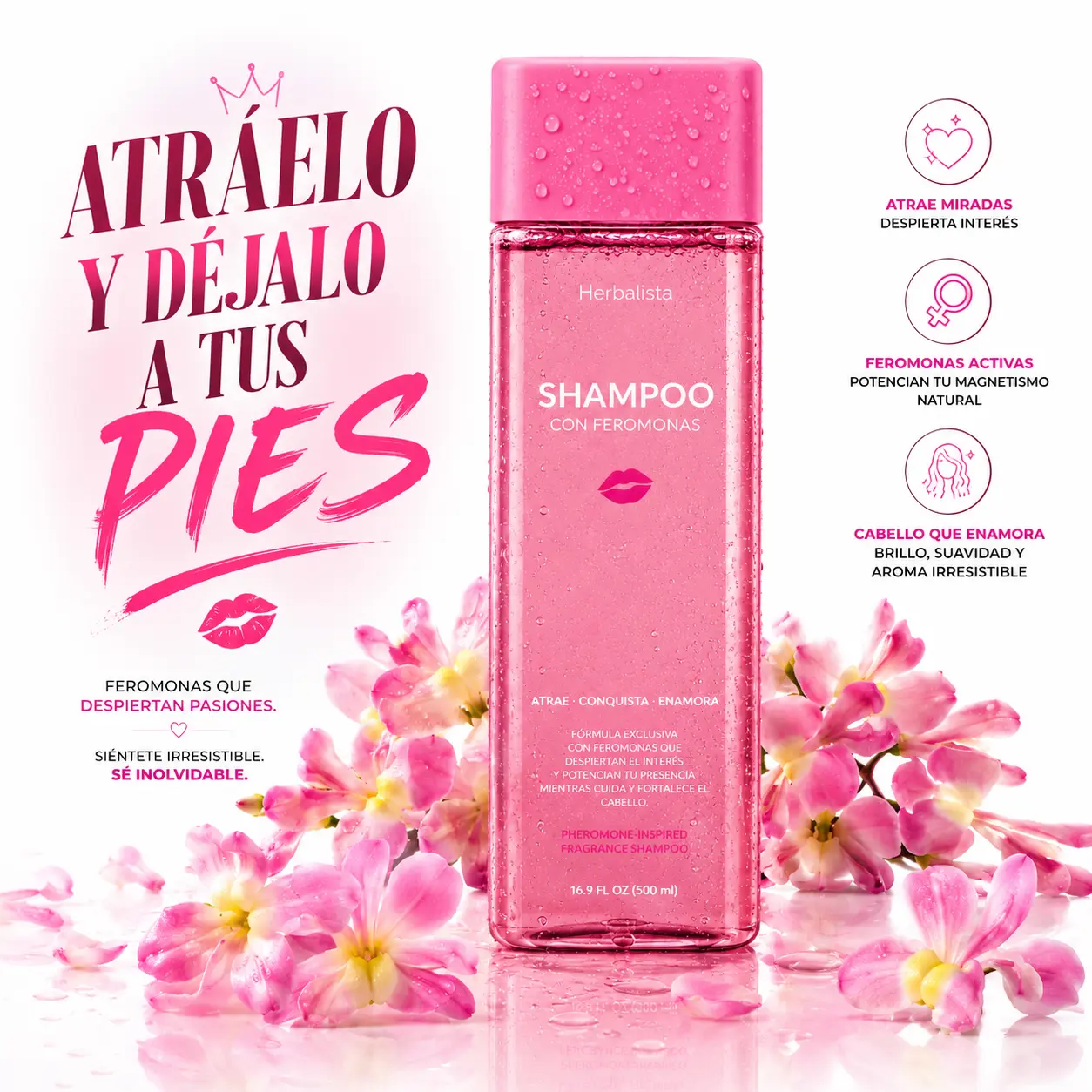 Herbalista Shampoo Con Feromonas For Women, 16.9 Fl Oz (500ml), Cacahuananche & Botanical Extracts, Atractive Formula, Sulfate-Free Inspired Haircare, Soft Shine & Fresh Romantic Aroma, Daily Hair Care Shampoo