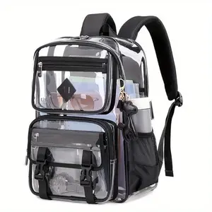 Clear Backpack with Multiple Pockets for School, Travel, and Work �   C Stylish and Durable Organizer with Front Zipper Compartments, Mesh Side Pockets, and Trendy Keychain Charm Transparent Pink