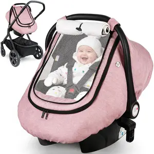 Rquite Car Seat Cover Baby, Winter Carseat Covers Boy Girl, Waterproof Infant Car Seat Cover Warm Car Seat Canopy for Cold Weather, Windproof Baby Carrier/Stroller Cover with 2 Layers Windows, Pink