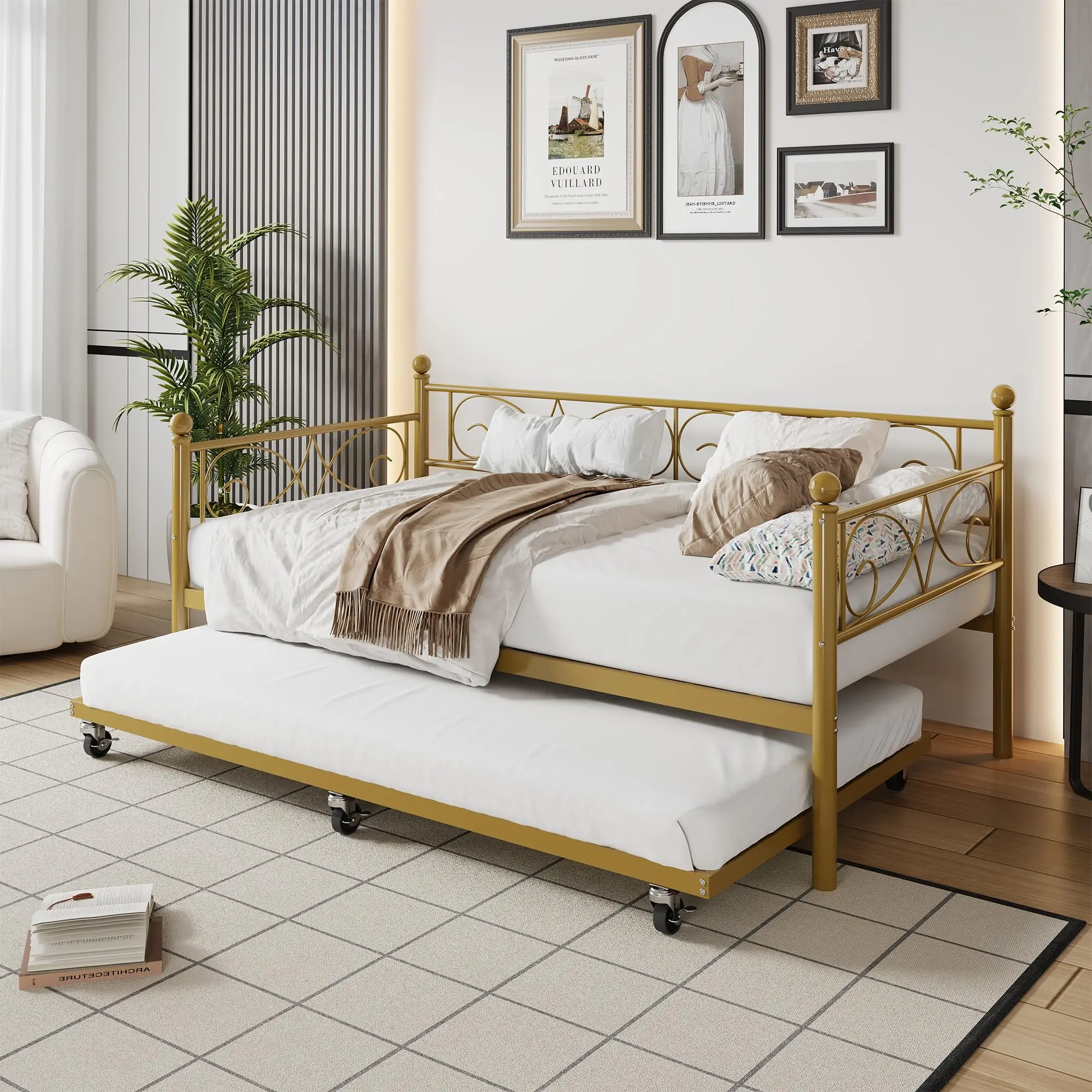 Garvee Modern Twin Metal Daybed with Pull-Out Trundle, Heavy Duty Steel Slats, Floral Headboard, No Box Spring Needed, Versatile Sofa Bed for Living Room or Guest Room, Gold Finish, Twin Size