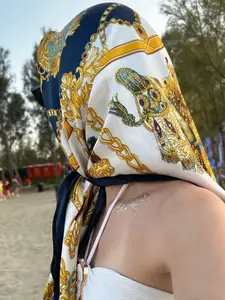 Women's Elegant and Fashionable Spring Scarf 90*90cm Blue Gold Palace Noble Pattern High-end Shawl Arabic Hijab Daily Light Luxurious Elegant, Self-Tie Design