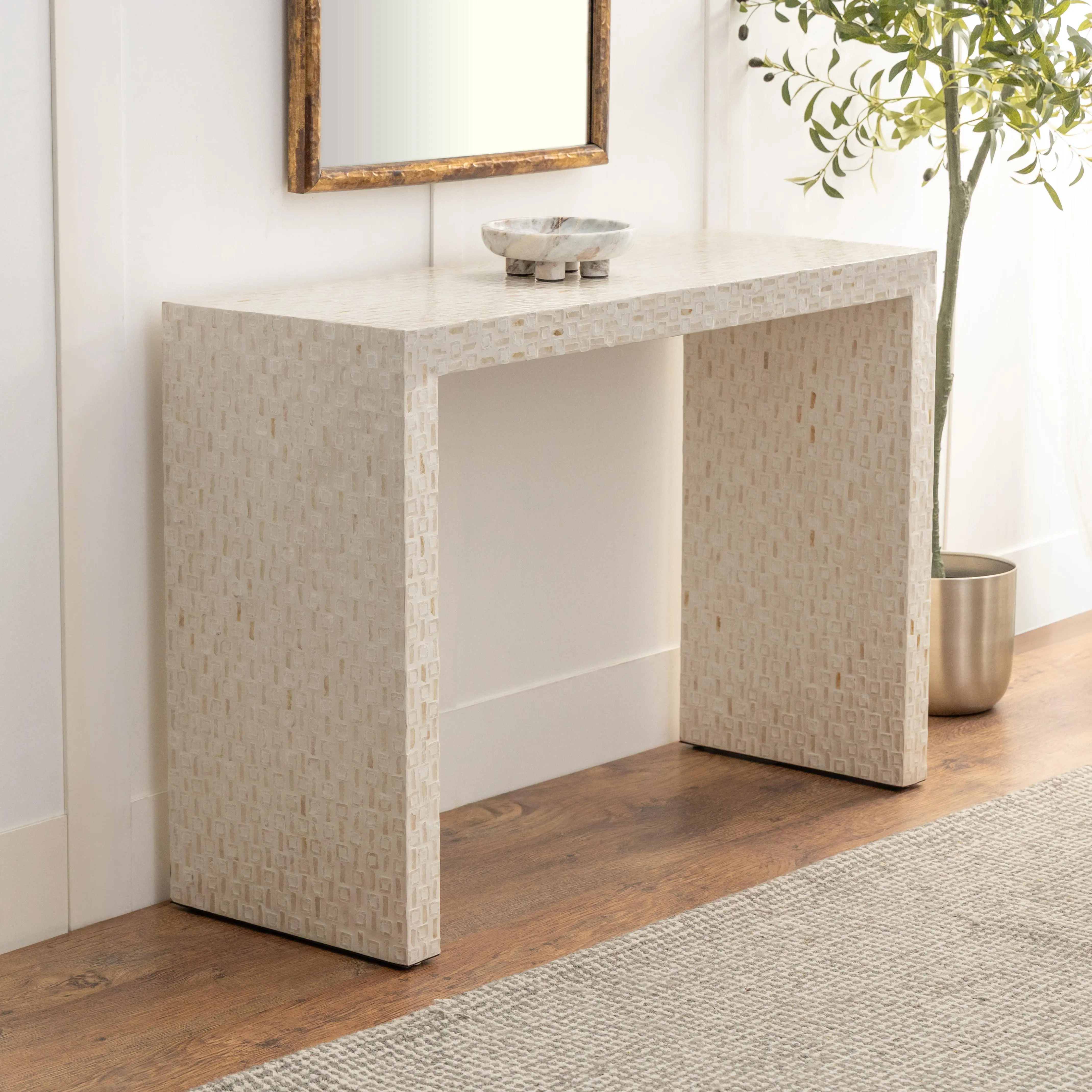 1-Piece Contemporary Handmade Mosaic-Inset Cream Capiz Shell Rectangular Living Room Console Table, Fully Assembled, 44"x16"x31", One Piece