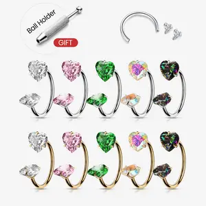2PCS 20G Titanium Heart Gems Horseshoe Nose Ring Free Auxiliary Tool Ball Holder Included - Piercing Jewelry