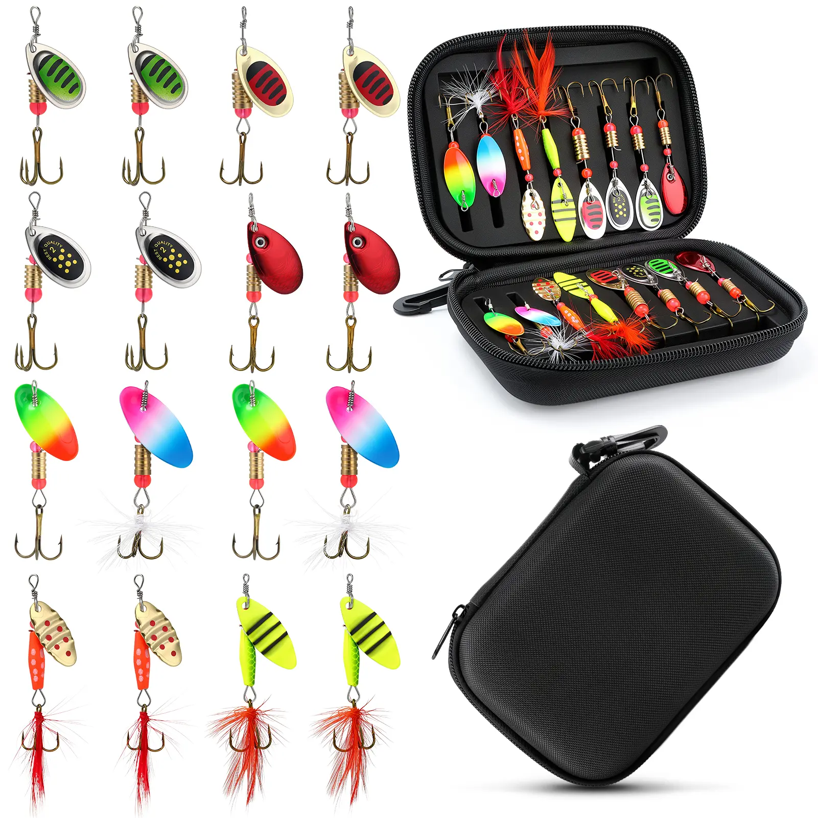 16pcs Spinnerbait Kit with Feathered Treble Hooks, Metal Spinner Lures for Bass Trout Fishing, All-Purpose Fishing Lure Set for Freshwater Saltwater, Compact EVA Tackle Box Storage