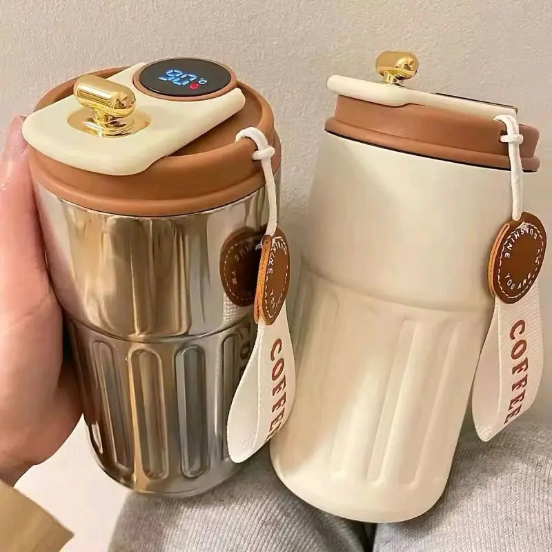 Smart LED Temperature Display Thermal Mug 450ml Stainless Steel Vacuum Insulated Travel Coffee Cup Hot Cold Thermos Bottle Drinkware Flasks Lid Portable Insulation Stylish Tumbler
